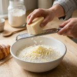 A high-angle close-up shows hands grating frozen light yellow butter into a white bowl of flour, producing delicate, visible flakes. Next to the bowl, a golden, flaky pastry sits on a light counter. The scene is bright, clean, and detailed, set in a modern kitchen.