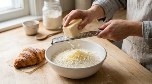 A high-angle close-up shows hands grating frozen light yellow butter into a white bowl of flour, producing delicate, visible flakes. Next to the bowl, a golden, flaky pastry sits on a light counter. The scene is bright, clean, and detailed, set in a modern kitchen.