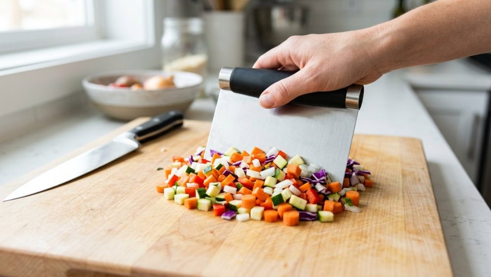 A close-up of a hand expertly using a sleek stainless steel bench scraper to neatly gather a vibrant pile of freshly chopped colorful vegetables on a clean wooden cutting board in a brightly lit kitchen. A gleaming chef's knife rests in the soft-focus background.