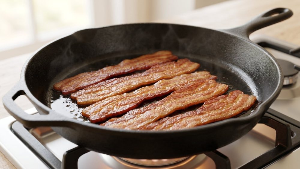 A photorealistic close-up of several perfectly cooked, golden-brown, crispy streaky bacon strips glistening with rendered fat in a clean, seasoned cast iron skillet, resting on a gas stovetop with a softly blurred, warm kitchen background, conveying culinary perfection.
