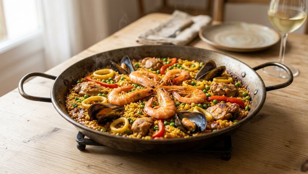A highly detailed, photorealistic image of a perfectly cooked paella in a traditional carbon-steel pan. Golden saffron rice, succulent seafood, and chicken are meticulously arranged, with crispy socarrat visible. It rests on a rustic wooden table under soft, natural light, against a gently blurred background.