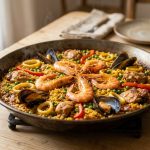 A highly detailed, photorealistic image of a perfectly cooked paella in a traditional carbon-steel pan. Golden saffron rice, succulent seafood, and chicken are meticulously arranged, with crispy socarrat visible. It rests on a rustic wooden table under soft, natural light, against a gently blurred background.