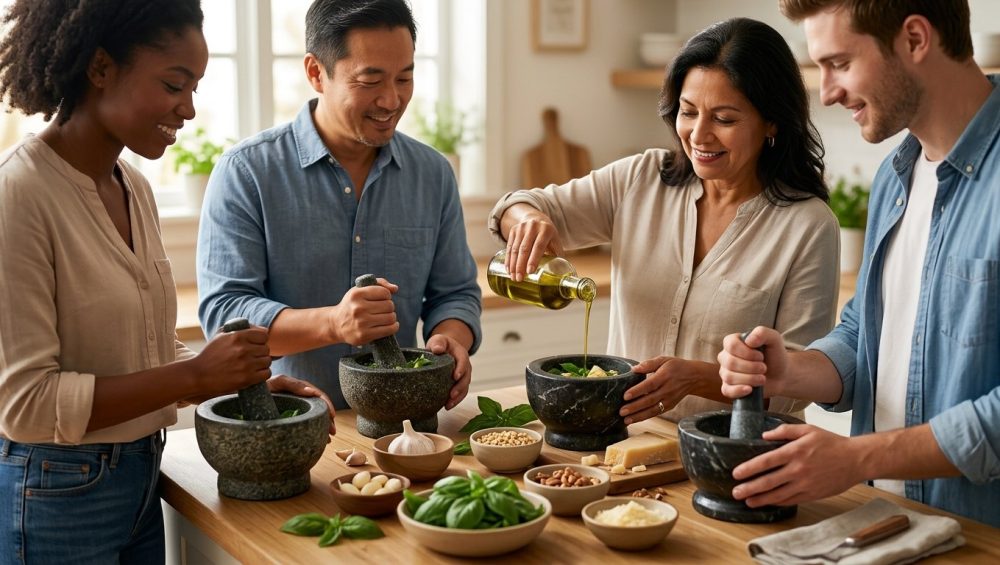 A warm, inviting image shows a diverse group of 4-5 adults gathered around a rustic table, deeply engaged in a hands-on culinary activity. Their hands are visible, actively grinding vibrant fresh herbs, garlic, and cheese in heavy, unpolished stone mortars and pestles, with one person carefully drizzling olive oil. The atmosphere is joyful and communal.
