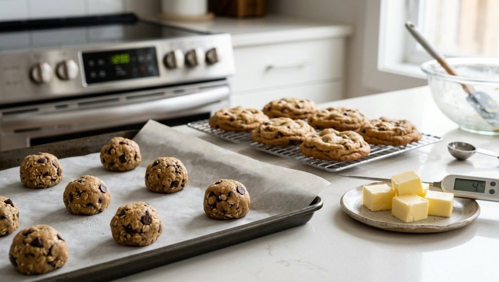 A photorealistic kitchen scene demonstrating the science of perfect baking. In the foreground, firm, chilled cookie dough balls and cold butter cubes sit on a counter with a digital thermometer. In the midground, golden-brown, thick, chewy cookies rest on a cooling rack, signifying success. The clean, bright scene emphasizes precision.