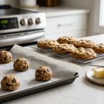 A photorealistic kitchen scene demonstrating the science of perfect baking. In the foreground, firm, chilled cookie dough balls and cold butter cubes sit on a counter with a digital thermometer. In the midground, golden-brown, thick, chewy cookies rest on a cooling rack, signifying success. The clean, bright scene emphasizes precision.