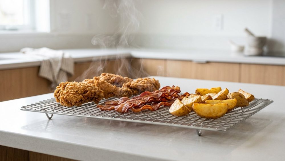 A sturdy stainless steel cooling rack holds perfectly crispy, golden-brown fried chicken, bacon, and roasted potato wedges on a clean kitchen counter, with subtle steam rising from underneath the food, emphasizing its freshness and excellent airflow.