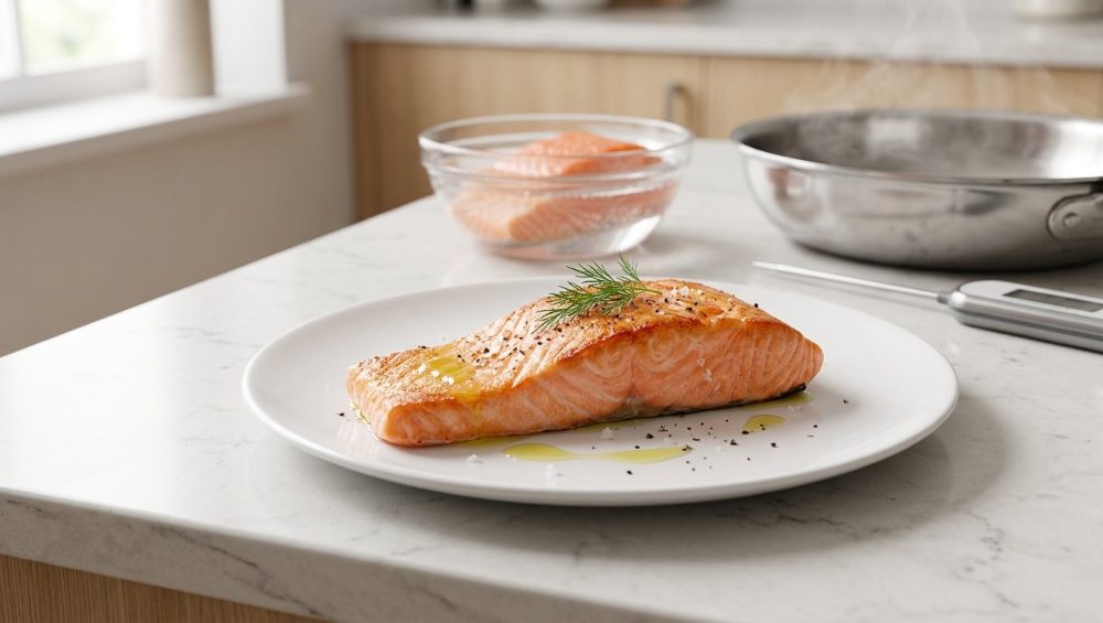 A photorealistic, overhead shot of a vibrant, perfectly cooked salmon fillet with a beautiful golden-brown sear, resting on a simple white plate. The flaky, moist-looking fish shows no trace of white albumin. In the softly blurred background, a raw salmon fillet brines in a glass bowl, next to a warm pan and a digital meat thermometer on a clean, light-colored kitchen counter, all illuminated by soft natural light.