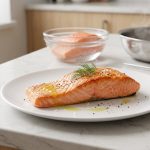 A photorealistic, overhead shot of a vibrant, perfectly cooked salmon fillet with a beautiful golden-brown sear, resting on a simple white plate. The flaky, moist-looking fish shows no trace of white albumin. In the softly blurred background, a raw salmon fillet brines in a glass bowl, next to a warm pan and a digital meat thermometer on a clean, light-colored kitchen counter, all illuminated by soft natural light.
