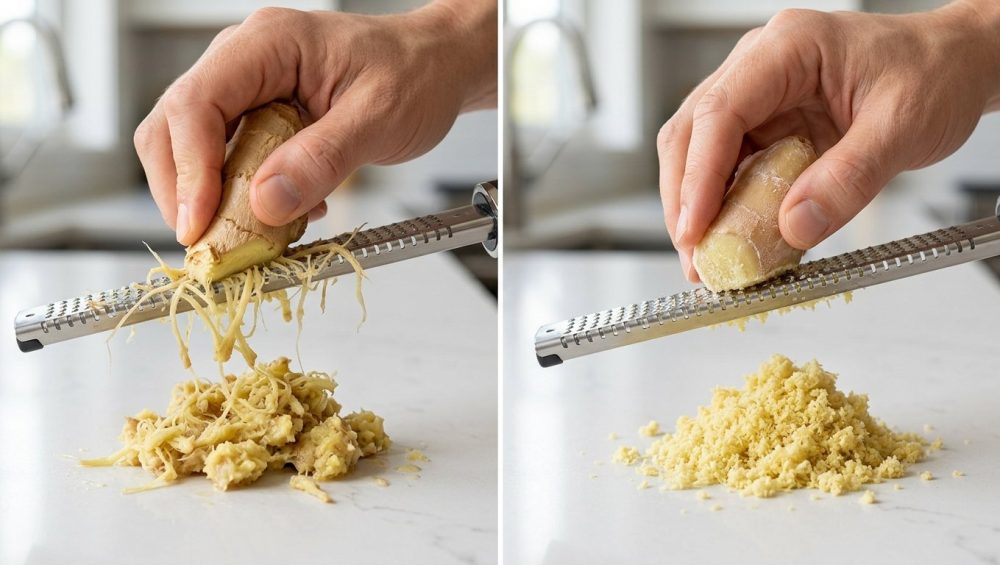 A photorealistic diptych illustrating the difference in grating ginger. On the left, a hand grates fresh ginger, producing visible stringy fibers that cling to the grater and form a lumpy pile. On the right, an identical hand grates frozen ginger effortlessly, yielding a fine, fluffy, uniform pile with no stringy fibers visible on the grater or pile.