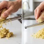 A photorealistic diptych illustrating the difference in grating ginger. On the left, a hand grates fresh ginger, producing visible stringy fibers that cling to the grater and form a lumpy pile. On the right, an identical hand grates frozen ginger effortlessly, yielding a fine, fluffy, uniform pile with no stringy fibers visible on the grater or pile.