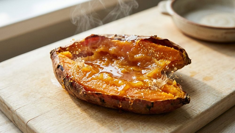 A perfectly roasted sweet potato, split open lengthwise, reveals an incredibly gooey, syrupy, translucent amber interior glistening intensely with natural sugars. Delicate wisps of steam rise from its warm surface. Subtle shimmering golden particles around the edges visually represent the potato's starches transforming into flowing sugar. The ultra-photorealistic close-up shot features a shallow depth of field, blurring a light wooden background.