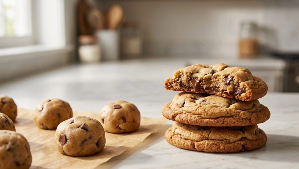 A close-up, photorealistic shot on a clean kitchen counter shows a stack of three golden-brown baked cookies, one broken to reveal a gooey chocolate chip interior, resting beside several perfectly formed, firm, unbaked cookie dough balls on parchment paper. Soft natural light highlights the textures.