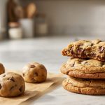A close-up, photorealistic shot on a clean kitchen counter shows a stack of three golden-brown baked cookies, one broken to reveal a gooey chocolate chip interior, resting beside several perfectly formed, firm, unbaked cookie dough balls on parchment paper. Soft natural light highlights the textures.