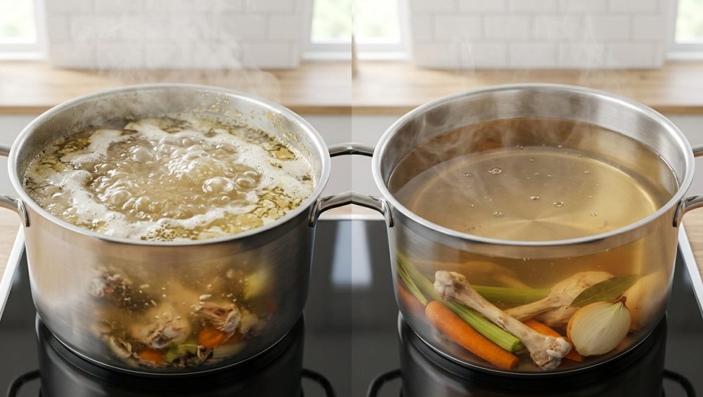A photorealistic side-by-side comparison of two identical stainless steel stock pots: the left shows a murky, violently boiling broth with foam, while the right features a crystal clear broth in a gentle simmer, revealing submerged ingredients.