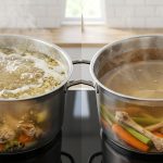 A photorealistic side-by-side comparison of two identical stainless steel stock pots: the left shows a murky, violently boiling broth with foam, while the right features a crystal clear broth in a gentle simmer, revealing submerged ingredients.