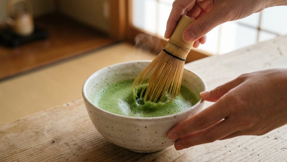 A close-up, ultra-photorealistic image of a human hand using a bamboo whisk to froth vibrant jade-green matcha tea in a minimalist ceramic bowl. A perfect, creamy foam forms on the tea's surface, illuminated by soft natural light against a serene, blurred background, conveying a sense of calm and mindful preparation.