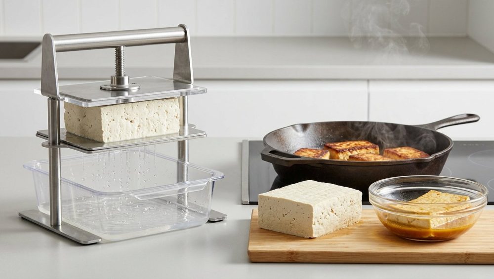 A photorealistic studio image detailing the preparation of tofu: a modern press expels water from raw tofu, a dense block absorbs golden marinade, and perfectly seared, golden-brown tofu steams in a hot cast-iron skillet.
