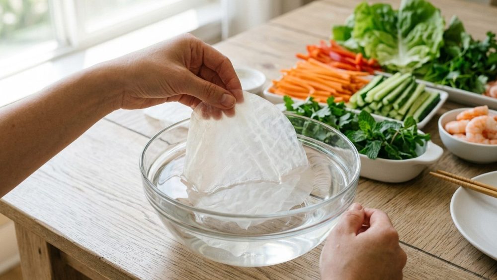 Close-up of hands gently submerging a dry rice paper wrapper into a clear glass bowl of water, which is softening and becoming translucent. In the softly blurred background, vibrant spring roll ingredients like julienned carrots, lettuce, and cooked shrimp are artfully arranged on a light wooden table. The scene is bright, clean, and well-lit by natural light.
