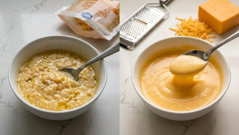Overhead view of two bowls of melted cheese on a counter: The left bowl shows lumpy, oily cheese (from pre-shredded), and the right shows perfectly smooth, creamy cheese (from freshly grated), highlighting the effect of anti-caking agents.