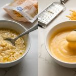 Overhead view of two bowls of melted cheese on a counter: The left bowl shows lumpy, oily cheese (from pre-shredded), and the right shows perfectly smooth, creamy cheese (from freshly grated), highlighting the effect of anti-caking agents.