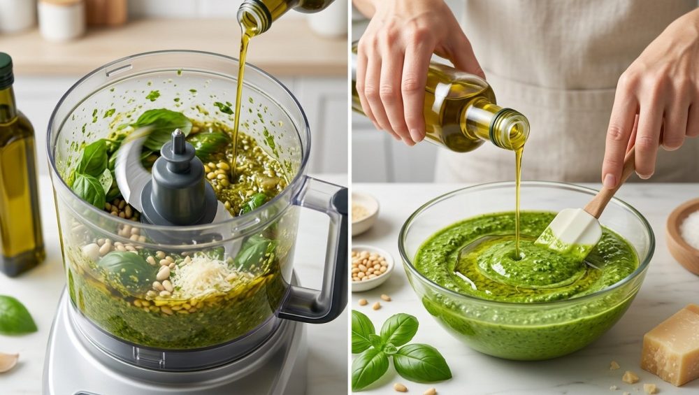 A photorealistic diptych contrasting pesto-making. On the left, a food processor violently blends olive oil into pesto, creating a murky, dull green, fragmented texture. On the right, hands gently fold olive oil into a vibrant green pesto base, resulting in a perfectly emulsified, luscious, and glossy mixture. Bright, natural lighting highlights the stark visual difference.