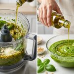 A photorealistic diptych contrasting pesto-making. On the left, a food processor violently blends olive oil into pesto, creating a murky, dull green, fragmented texture. On the right, hands gently fold olive oil into a vibrant green pesto base, resulting in a perfectly emulsified, luscious, and glossy mixture. Bright, natural lighting highlights the stark visual difference.