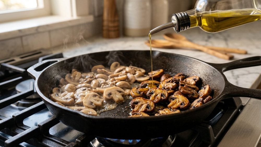 A close-up of sliced cremini mushrooms cooking in a dark cast-iron skillet, showing a cooking transition. On the left, pale, steaming mushrooms soften; on the right, richly seared, golden-brown mushrooms glisten. A stream of olive oil drizzles onto the pale mushrooms.