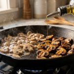 A close-up of sliced cremini mushrooms cooking in a dark cast-iron skillet, showing a cooking transition. On the left, pale, steaming mushrooms soften; on the right, richly seared, golden-brown mushrooms glisten. A stream of olive oil drizzles onto the pale mushrooms.