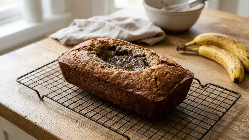 A photorealistic image of a warm, golden-brown banana bread loaf, viewed from a slight angle above. It features a prominent, deeply sunken crater in its center with a dense, slightly gummy texture, contrasting with its risen crust. The loaf rests on a wire cooling rack on a light rustic wooden counter, illuminated by soft natural daylight. Blurred ripe bananas are subtly visible in the background, creating a homey yet melancholic atmosphere.