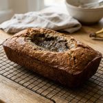 A photorealistic image of a warm, golden-brown banana bread loaf, viewed from a slight angle above. It features a prominent, deeply sunken crater in its center with a dense, slightly gummy texture, contrasting with its risen crust. The loaf rests on a wire cooling rack on a light rustic wooden counter, illuminated by soft natural daylight. Blurred ripe bananas are subtly visible in the background, creating a homey yet melancholic atmosphere.