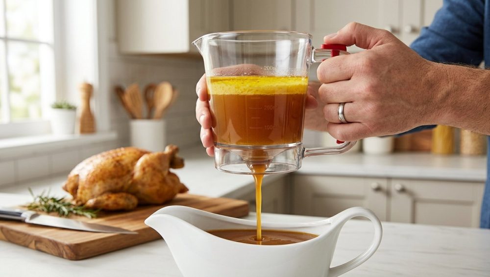 Clean hands expertly operate a transparent, bottom-release fat separator, pouring a smooth stream of rich, fat-free gravy into a white ceramic boat. Inside the separator, a thick layer of bright yellow rendered fat clearly floats above the golden-brown drippings. The background shows a subtly blurred, tidy modern kitchen counter with hints of a recently carved roast.