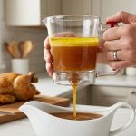 Clean hands expertly operate a transparent, bottom-release fat separator, pouring a smooth stream of rich, fat-free gravy into a white ceramic boat. Inside the separator, a thick layer of bright yellow rendered fat clearly floats above the golden-brown drippings. The background shows a subtly blurred, tidy modern kitchen counter with hints of a recently carved roast.