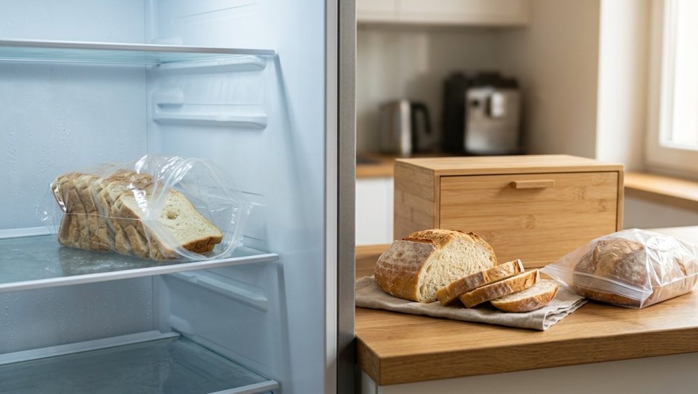 A photorealistic image contrasting dry, shriveled white bread in an opened plastic bag inside a cool refrigerator with fresh, fluffy sliced bread next to a warm wooden bread box on a sunlit kitchen counter.