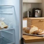 A photorealistic image contrasting dry, shriveled white bread in an opened plastic bag inside a cool refrigerator with fresh, fluffy sliced bread next to a warm wooden bread box on a sunlit kitchen counter.