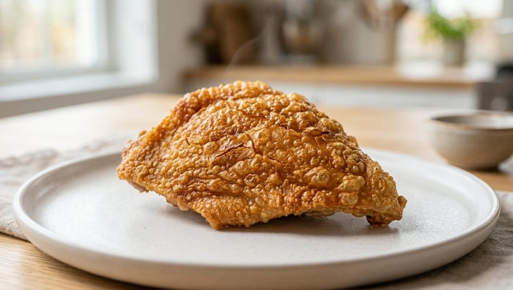 An extreme close-up of perfectly cooked, golden-brown chicken skin, showcasing its incredibly crispy, dry, and micro-blistered texture against a softly blurred modern kitchen counter.