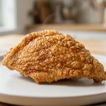 An extreme close-up of perfectly cooked, golden-brown chicken skin, showcasing its incredibly crispy, dry, and micro-blistered texture against a softly blurred modern kitchen counter.