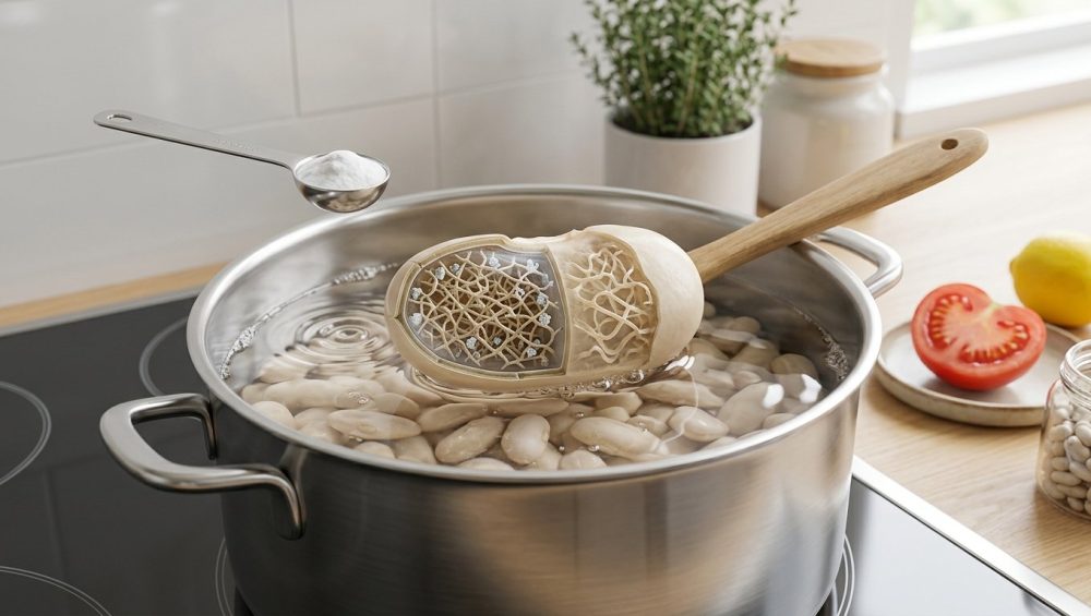 A photorealistic close-up shows dried beans simmering in a sleek stainless steel pot in a clean, minimalist kitchen. One bean reveals incredibly detailed, rigid pectin structures resistant to softening, while a neighboring bean shows visibly loosened, hydrated pectin. A spoon holding baking soda hovers, creating a ripple in the water, symbolizing alkalinity. On a pristine counter, a sliced tomato and lemon are artfully arranged, signifying acidic ingredients not yet added. The image conveys precise scientific cooking in a high-definition, molecular detail.