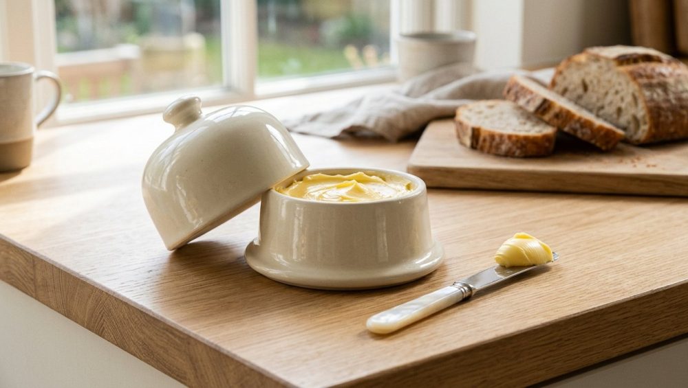 A photorealistic image of an open, classic French ceramic butter bell filled with soft, golden butter. A butter knife, holding a generous pat, rests beside it, with blurred artisan bread in the background. The scene is clean, warm, and inviting.