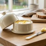 A photorealistic image of an open, classic French ceramic butter bell filled with soft, golden butter. A butter knife, holding a generous pat, rests beside it, with blurred artisan bread in the background. The scene is clean, warm, and inviting.