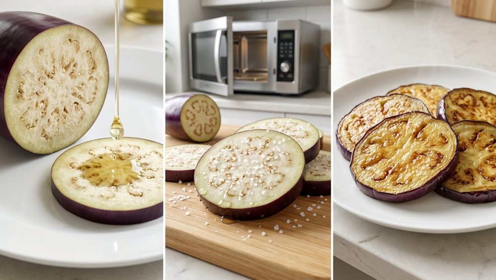 A bright, photorealistic triptych illustrating eggplant preparation to prevent greasiness. The first panel shows raw eggplant absorbing a drop of oil, the second shows salt drawing moisture from sliced eggplant, and the third displays perfectly cooked, golden-brown, and non-greasy eggplant slices.
