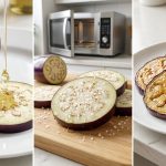A bright, photorealistic triptych illustrating eggplant preparation to prevent greasiness. The first panel shows raw eggplant absorbing a drop of oil, the second shows salt drawing moisture from sliced eggplant, and the third displays perfectly cooked, golden-brown, and non-greasy eggplant slices.