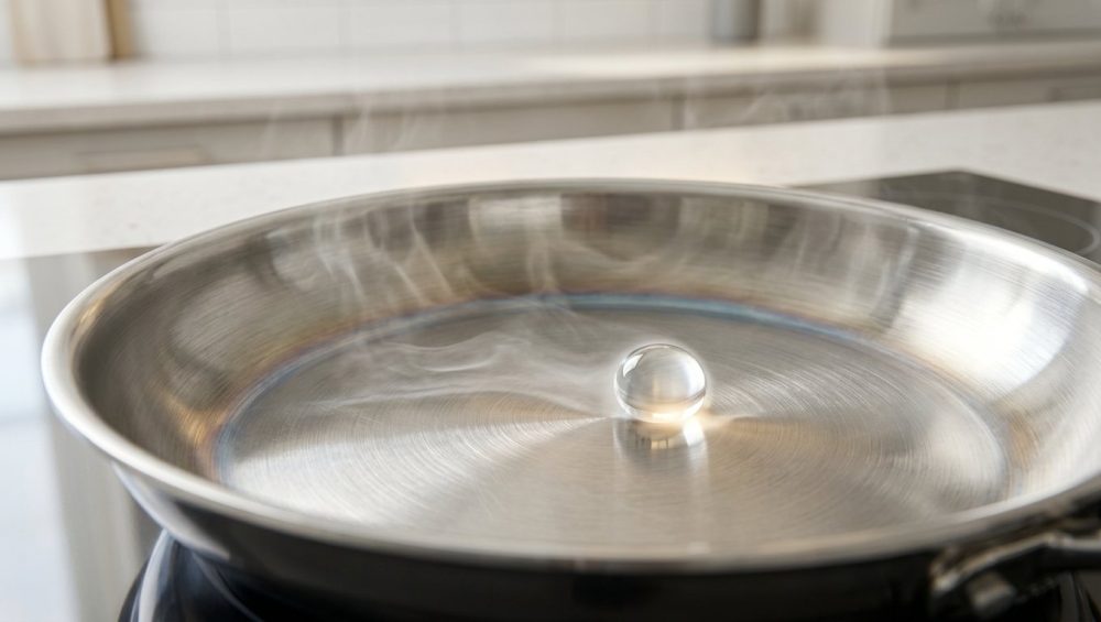 A perfectly spherical, glowing water droplet rapidly skitters across an ultra-hot, gleaming stainless steel frying pan, enveloped by a thin cushion of steam. The pan shows subtle heat discoloration and mirror-like reflections, with a softly blurred modern kitchen in the background. Ultra photorealistic.