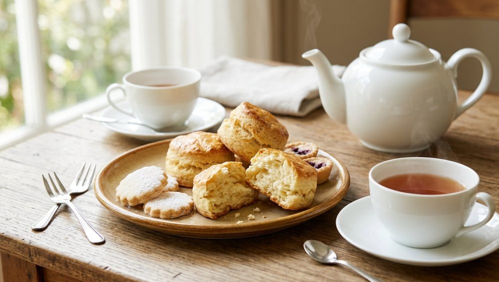 A photorealistic flat lay of an elegant tea-time spread bathed in soft natural light. Golden-brown scones, one gently broken open to reveal its tender crumb, and delicate shortbread cookies are artfully arranged on a minimalist plate. Pristine porcelain teaware, including a steaming cup of amber tea and a classic teapot, surrounds the pastries against a warmly blurred background.