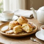 A photorealistic flat lay of an elegant tea-time spread bathed in soft natural light. Golden-brown scones, one gently broken open to reveal its tender crumb, and delicate shortbread cookies are artfully arranged on a minimalist plate. Pristine porcelain teaware, including a steaming cup of amber tea and a classic teapot, surrounds the pastries against a warmly blurred background.