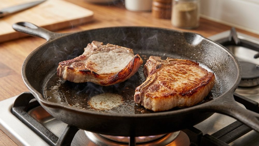 A photorealistic close-up of two thick bone-in pork chops searing in a hot cast iron skillet. One chop is dramatically cupped, with an unseared pale center and dark, almost burnt edges, while the other lies perfectly flat with a beautiful, even golden-brown crust. Subtle steam rises, set against a softly blurred home kitchen background.