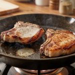 A photorealistic close-up of two thick bone-in pork chops searing in a hot cast iron skillet. One chop is dramatically cupped, with an unseared pale center and dark, almost burnt edges, while the other lies perfectly flat with a beautiful, even golden-brown crust. Subtle steam rises, set against a softly blurred home kitchen background.