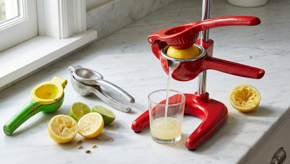 A photorealistic still life on a pristine counter shows a gleaming red citrus press expertly squeezing a lemon, with a clear juice stream flowing into a glass and a perfectly spent lemon half nearby. This efficiency contrasts sharply with scattered, partially squeezed fruit, rogue seeds, and worn, discolored plastic and dull aluminum juicers, all bathed in bright natural light.