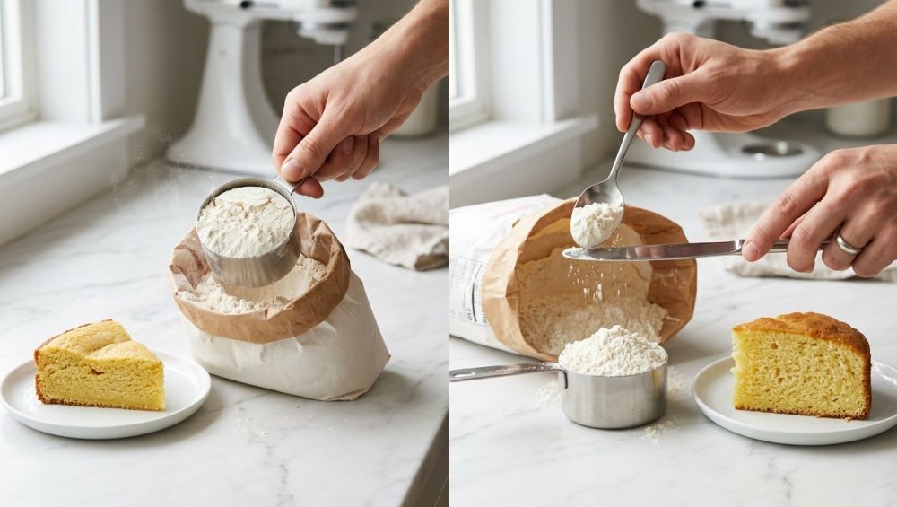 A photorealistic diptych on a kitchen counter illustrating flour measurement. On the left, a hand compacts flour into a measuring cup, next to a dense, sunken slice of cake. On the right, the hand spoons and levels flour into a cup, next to a perfectly risen, fluffy slice of cake.