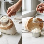 A photorealistic diptych on a kitchen counter illustrating flour measurement. On the left, a hand compacts flour into a measuring cup, next to a dense, sunken slice of cake. On the right, the hand spoons and levels flour into a cup, next to a perfectly risen, fluffy slice of cake.
