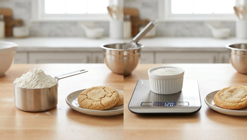A photorealistic still life on a clean kitchen counter illustrates baking accuracy. On the left, an overflowing measuring cup of flour sits next to a dry, cracked cookie, representing inaccurate volume. On the right, a digital scale shows 120g of perfectly leveled flour beside a perfect, soft cookie, highlighting the benefit of precise weight measurement.